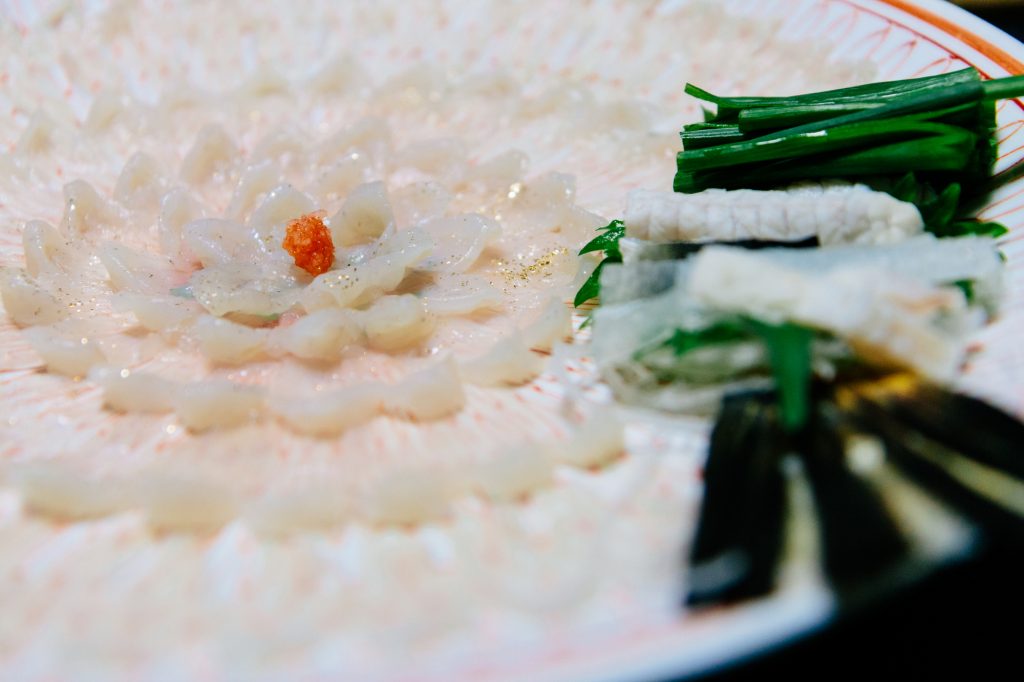 Fugu sashimi is layered in a concentric pattern